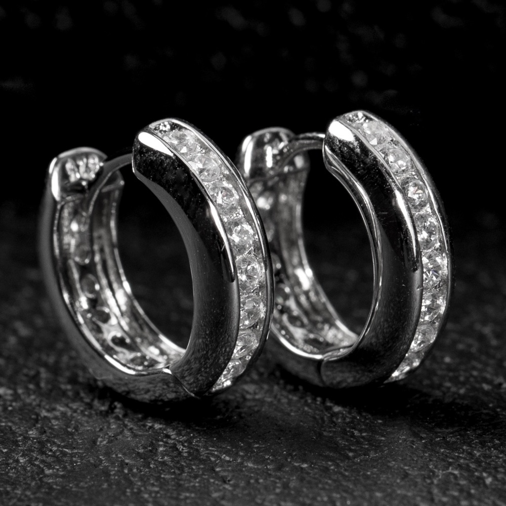 One Row Iced Cz White Gold  Small Hoop Earrings